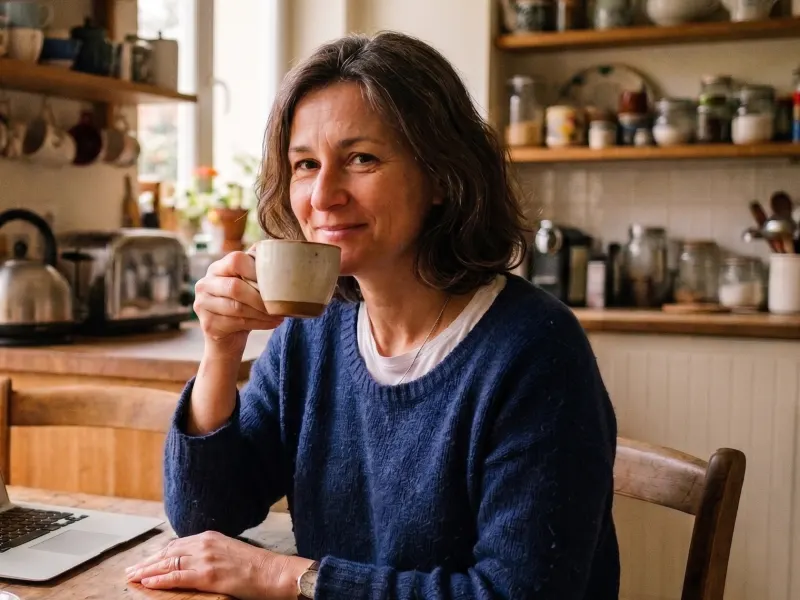 Femme souriante prenant un café dans sa cuisine