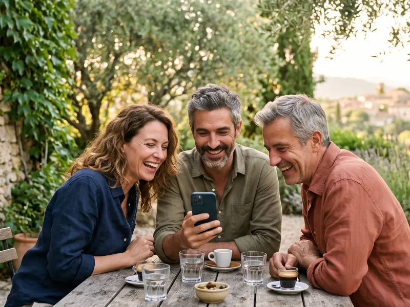 Trois amis attablés en terrasse, riant devant un téléphone