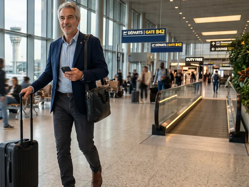 Voyageur avec sa valise dans un hall d'aéroport